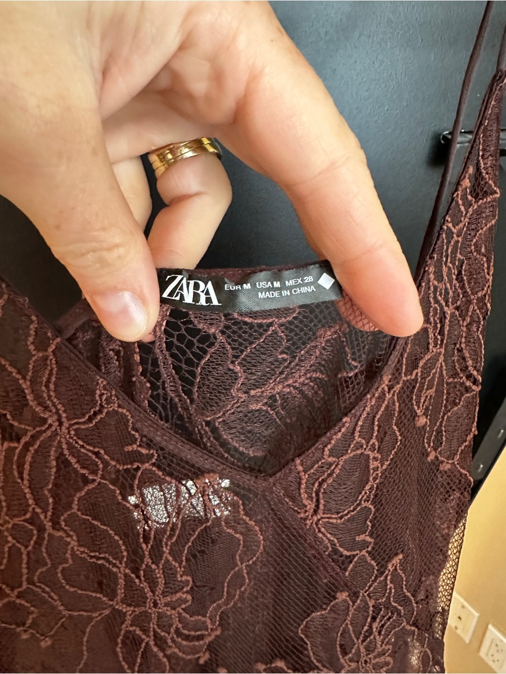 Zara Floral asymmetric all lace Camisole Dress in Dark Brown - Picture 4 of 7